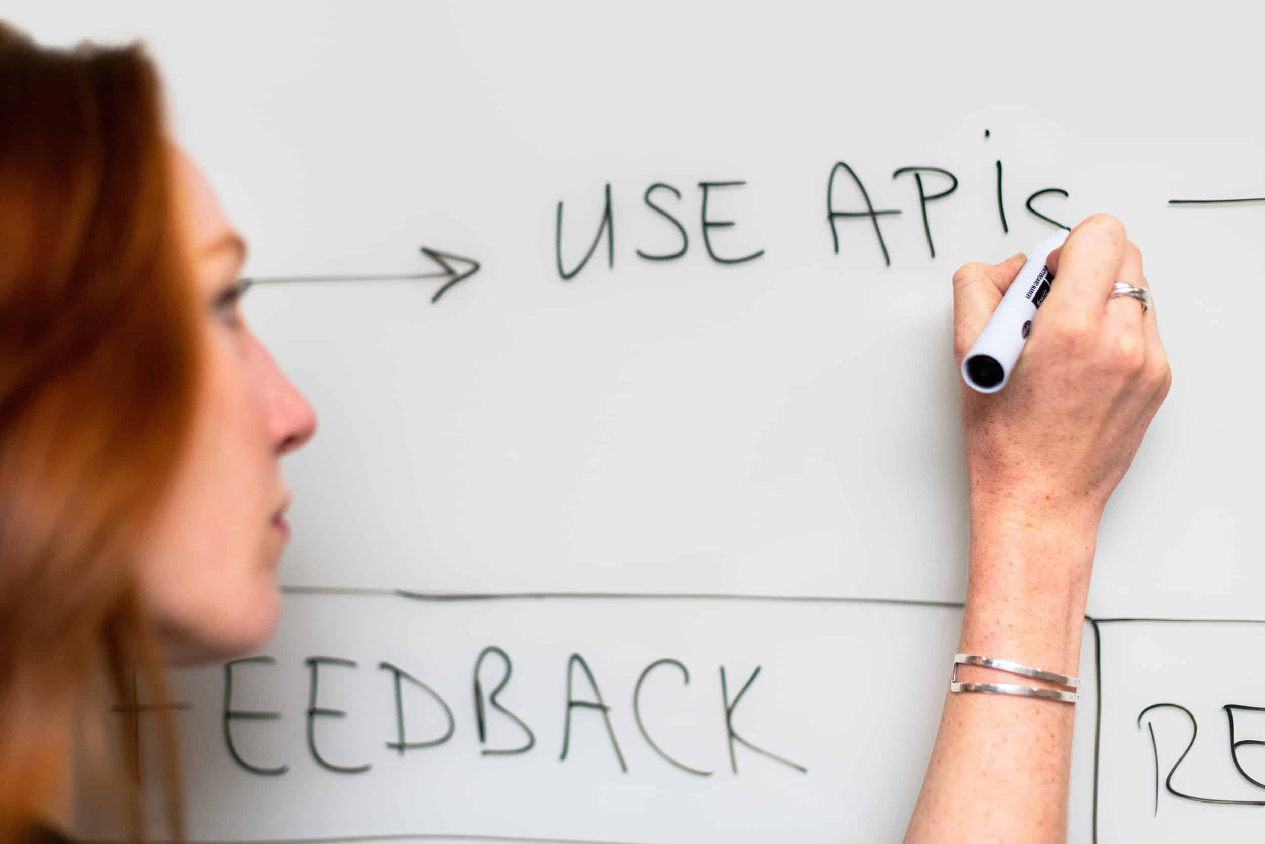 A whiteboard with the words "Use APIs" on it indicating the development process